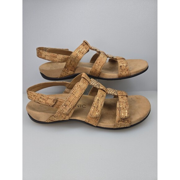 Vionic Amber-Tan Adjustable Sandals Cork Look, Gold Foil Accents Women's Size 10 - Picture 1 of 12